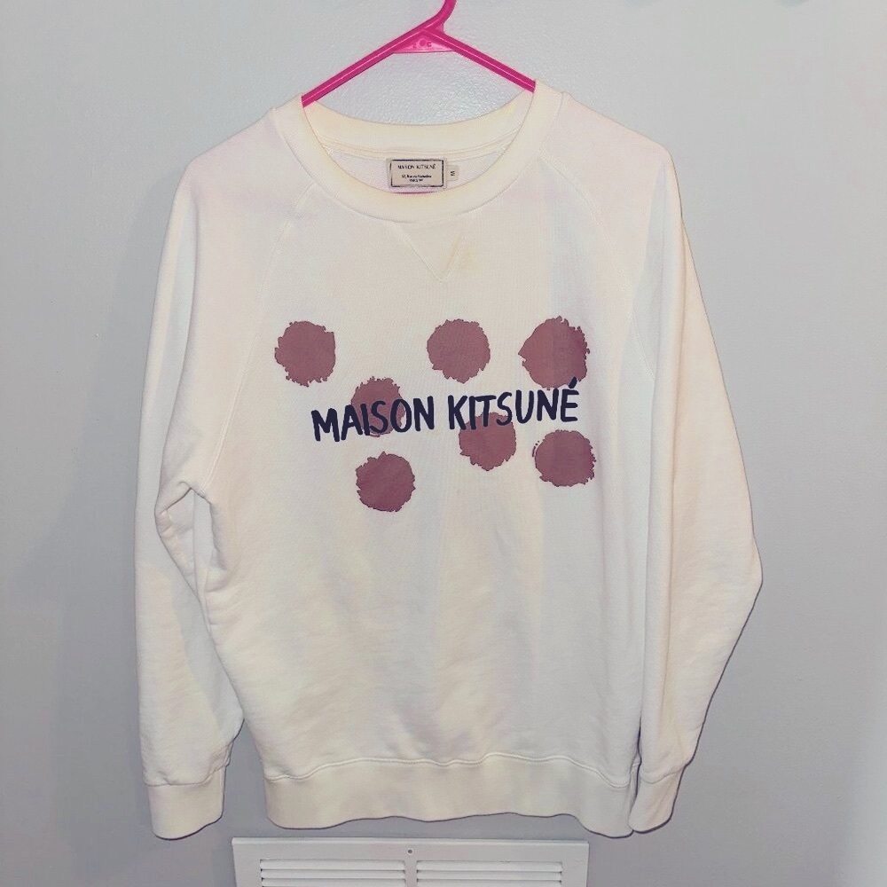 MAISON KITSUNE White and Orange Spot Design Crewneck Sweater - Size Medium